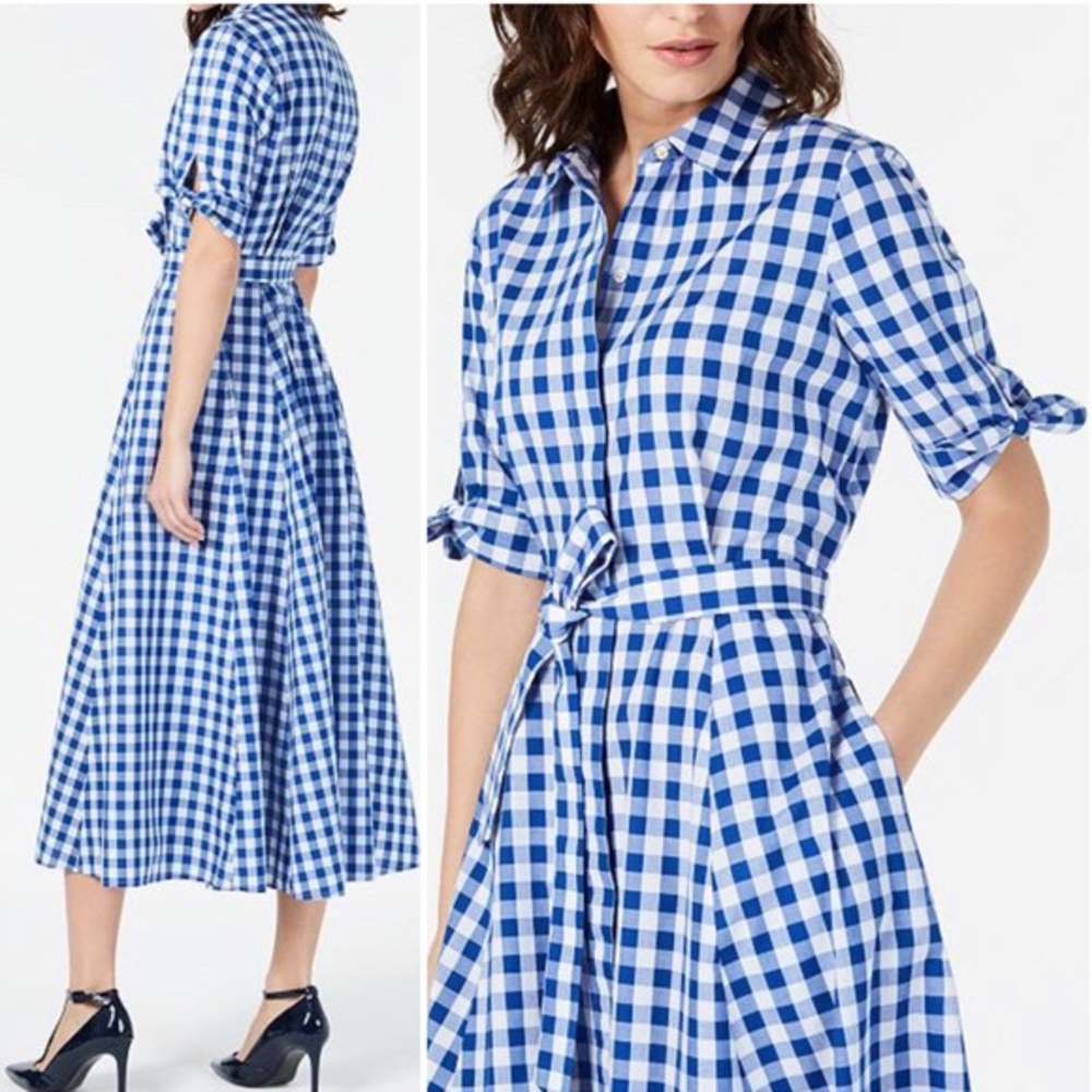 Calvin Klein Blue Gingham Tie Waist Shirt Dress 10